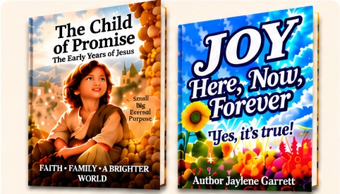 The Child of Promise and JOY Here, Now, Forever book covers with Shop Books button