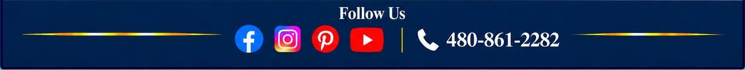 Navy and gold footer with Follow Us, social media icons, and phone number 480-861-2282