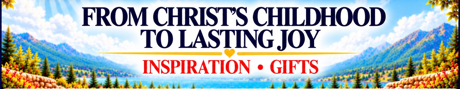 From Christ’s Childhood to Lasting Joy — Inspiration and Gifts, with a bright blue sky, clouds, and mountain scenery